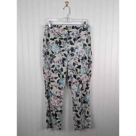 J Jill Women's Linen Stretch Floral Pants Cropped Size S Zip Flat Front Elastic - Picture 1 of 5
